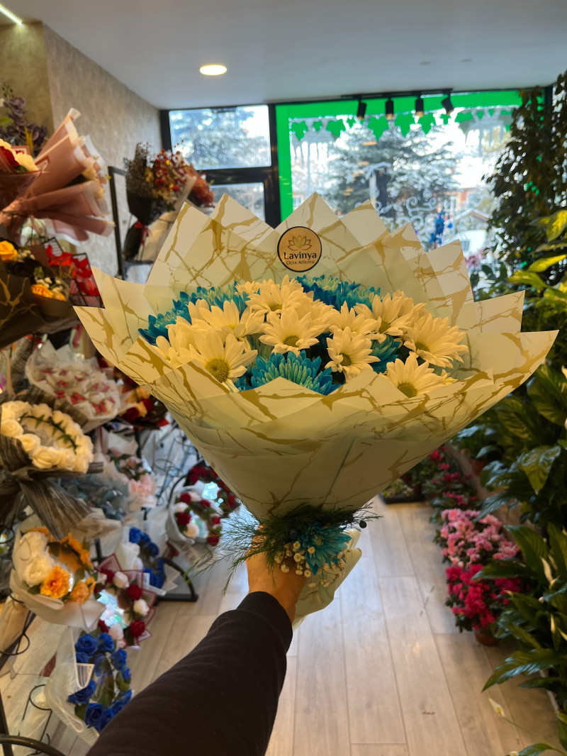 Mavi Beyaz Papatya Buketi